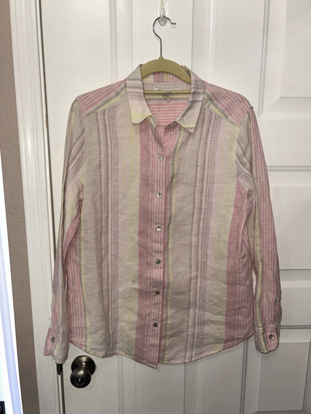 Tommy Bahama 100% Linen Pink, Yellow, Grey Striped Button-Down Shirt